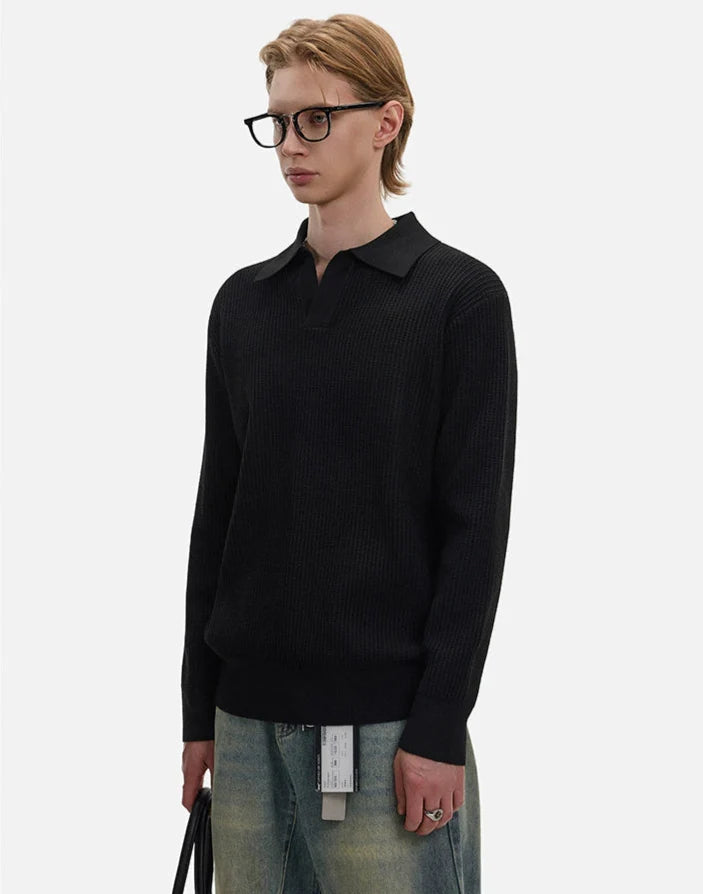 Waffle Textured Long Sleeve Polo Shirt