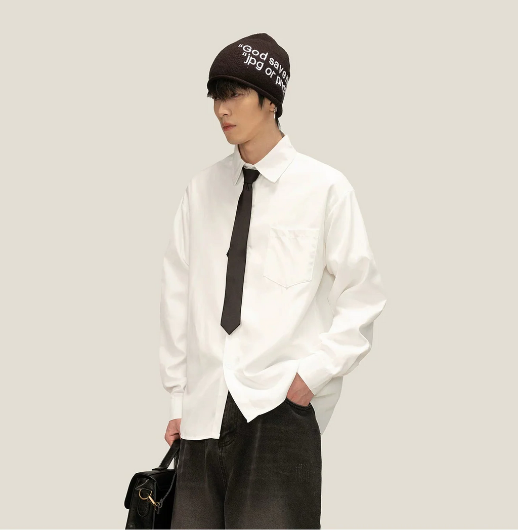 Boxy Long Sleeve Button-Up Shirt with Detachable Tie