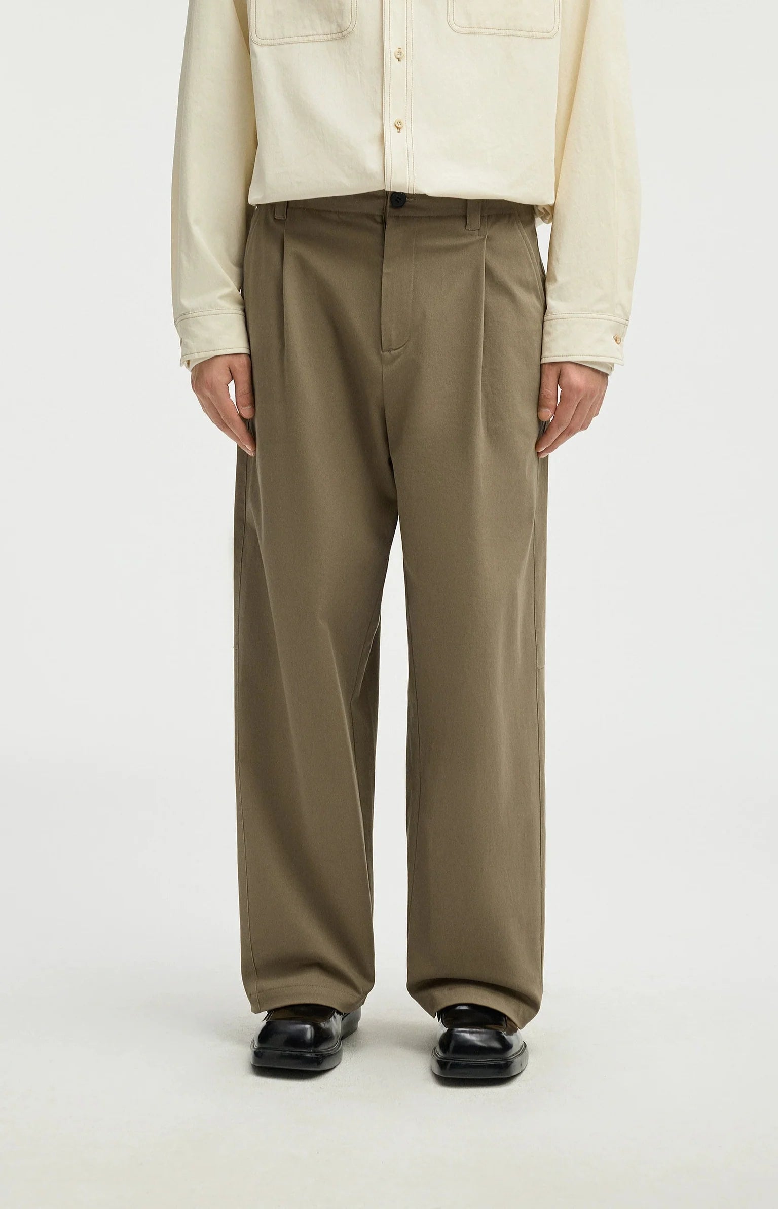 Straight Leg Pleated Trousers with Button Waist and Belt Loops