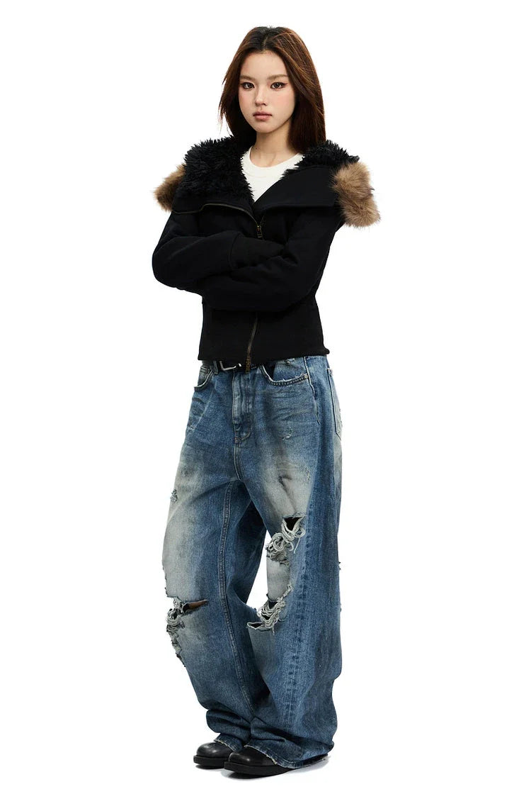 Fleece-Lined Hooded Jacket with Faux Fur Trim