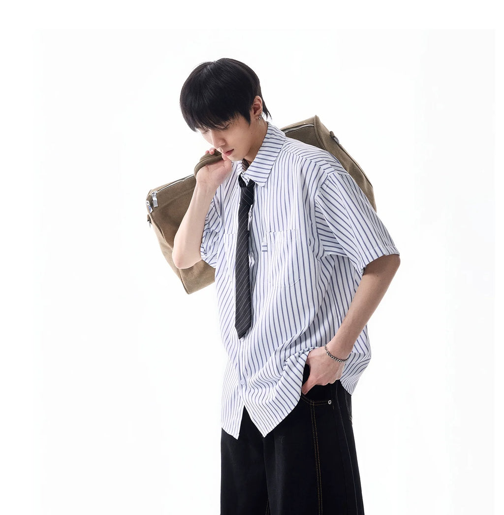 Oversized Stripe Short Sleeve Button Shirt with Chest Pockets