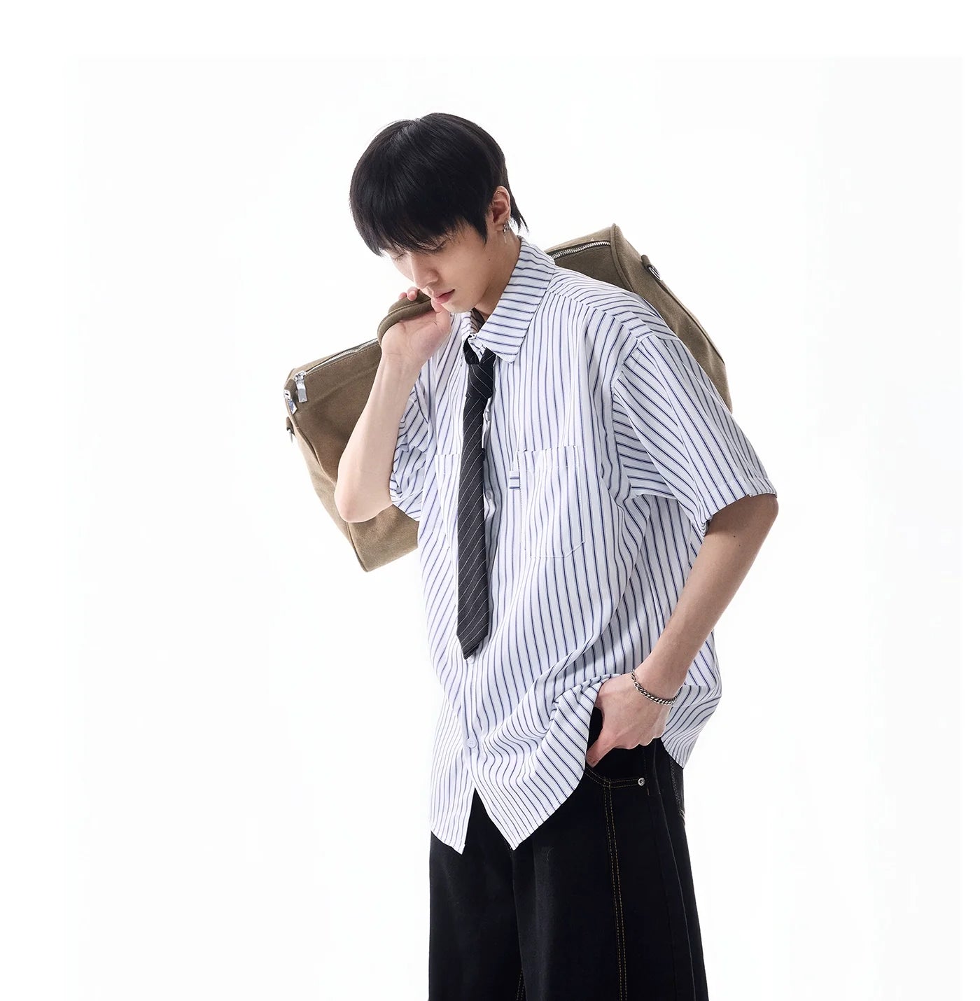 Oversized Stripe Short Sleeve Button Shirt with Chest Pockets