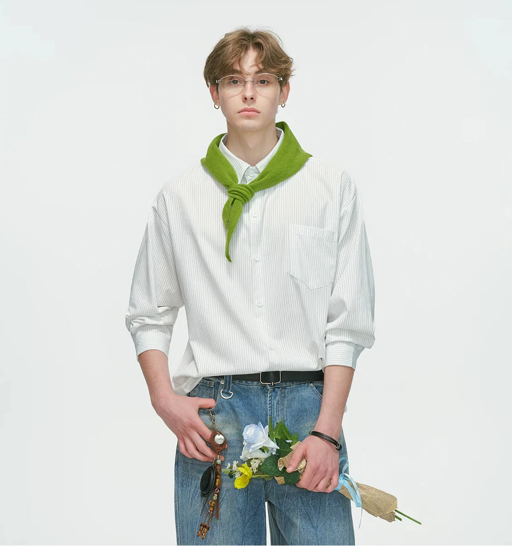 Drop Shoulder Pinstripe Long Sleeve Button-Up Shirt