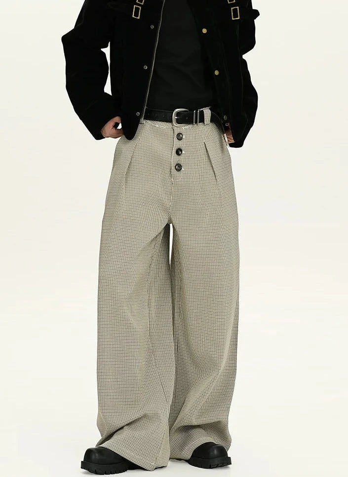 Houndstooth Pattern Button-Fly Wide Leg Trousers