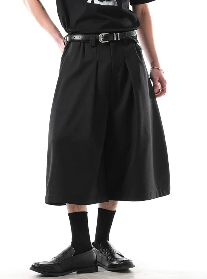 Wide Leg Pleated Tailored Long Bermuda Shorts