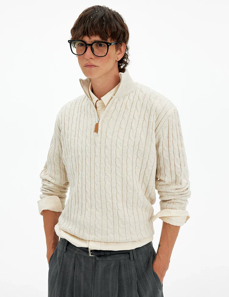 Cable Knit Quarter Zip Pullover with Contrast Zip