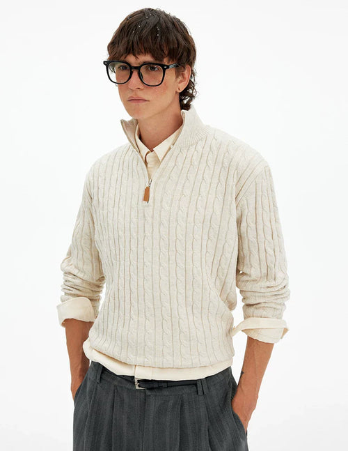 Cable Knit Quarter Zip Pullover with Contrast Zip