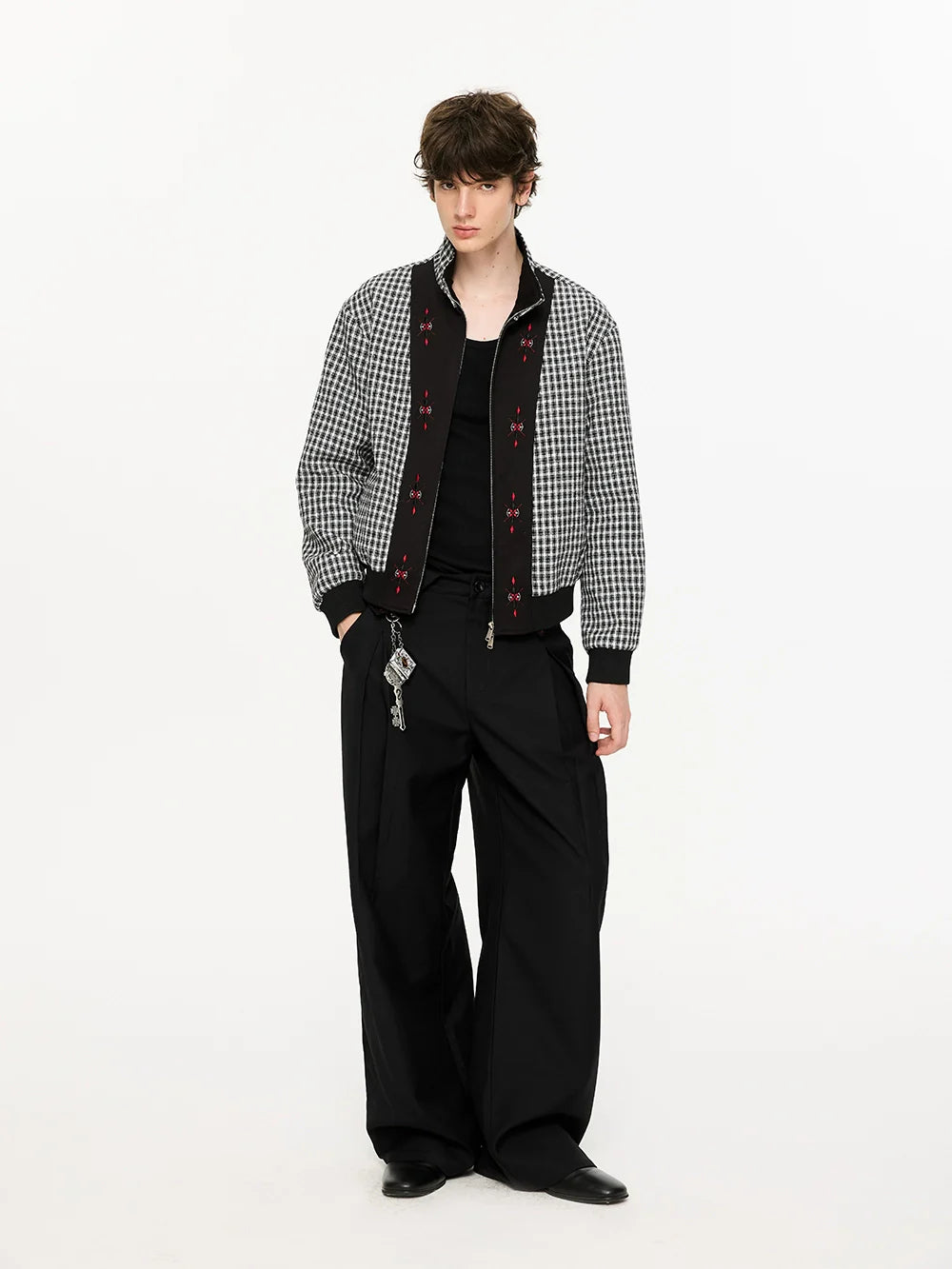 Fold-Over Plaid Pattern Waist Pleated Pants