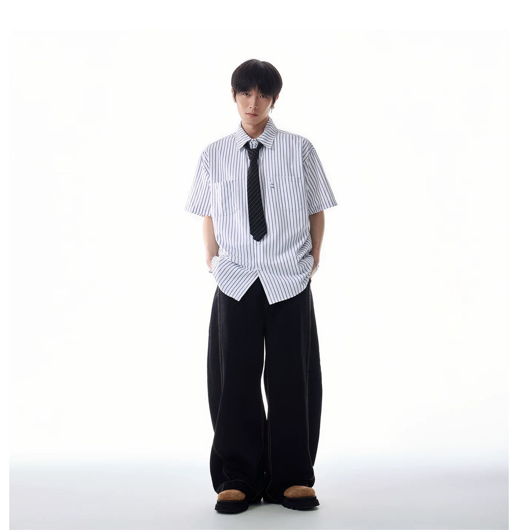 Oversized Stripe Short Sleeve Button Shirt with Chest Pockets