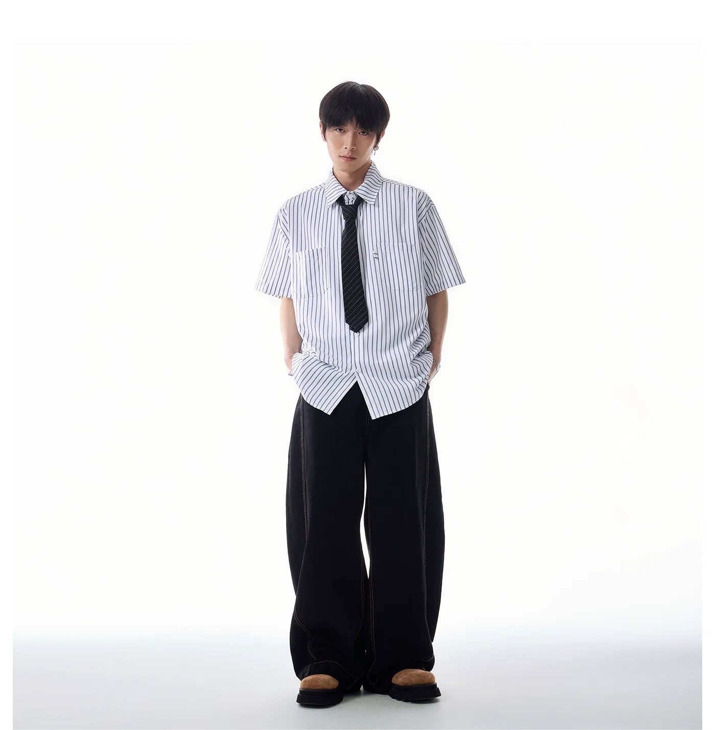 Oversized Stripe Short Sleeve Button Shirt with Chest Pockets