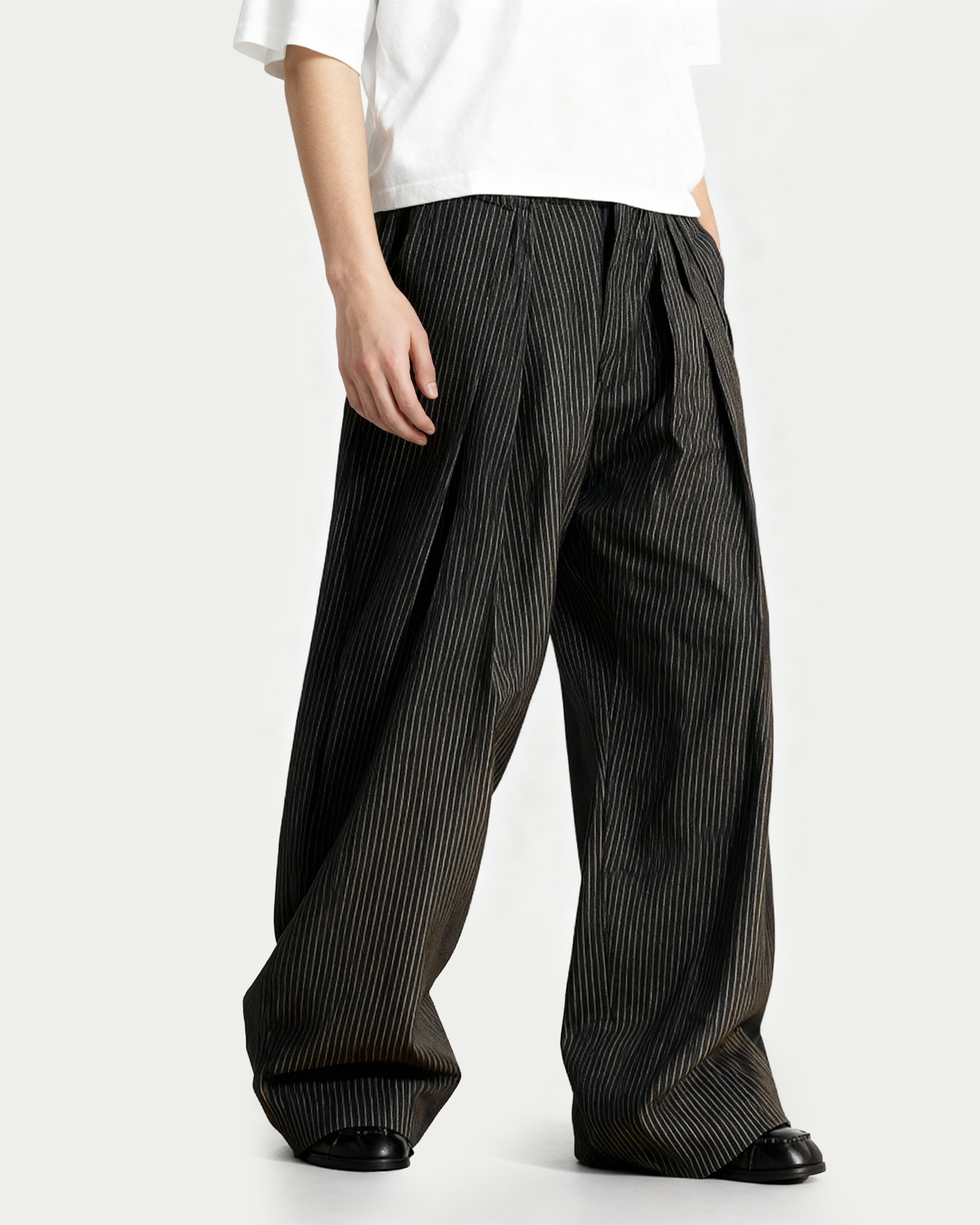Pinstripe Wide Leg Semi-Flare Multi Pleated Pants