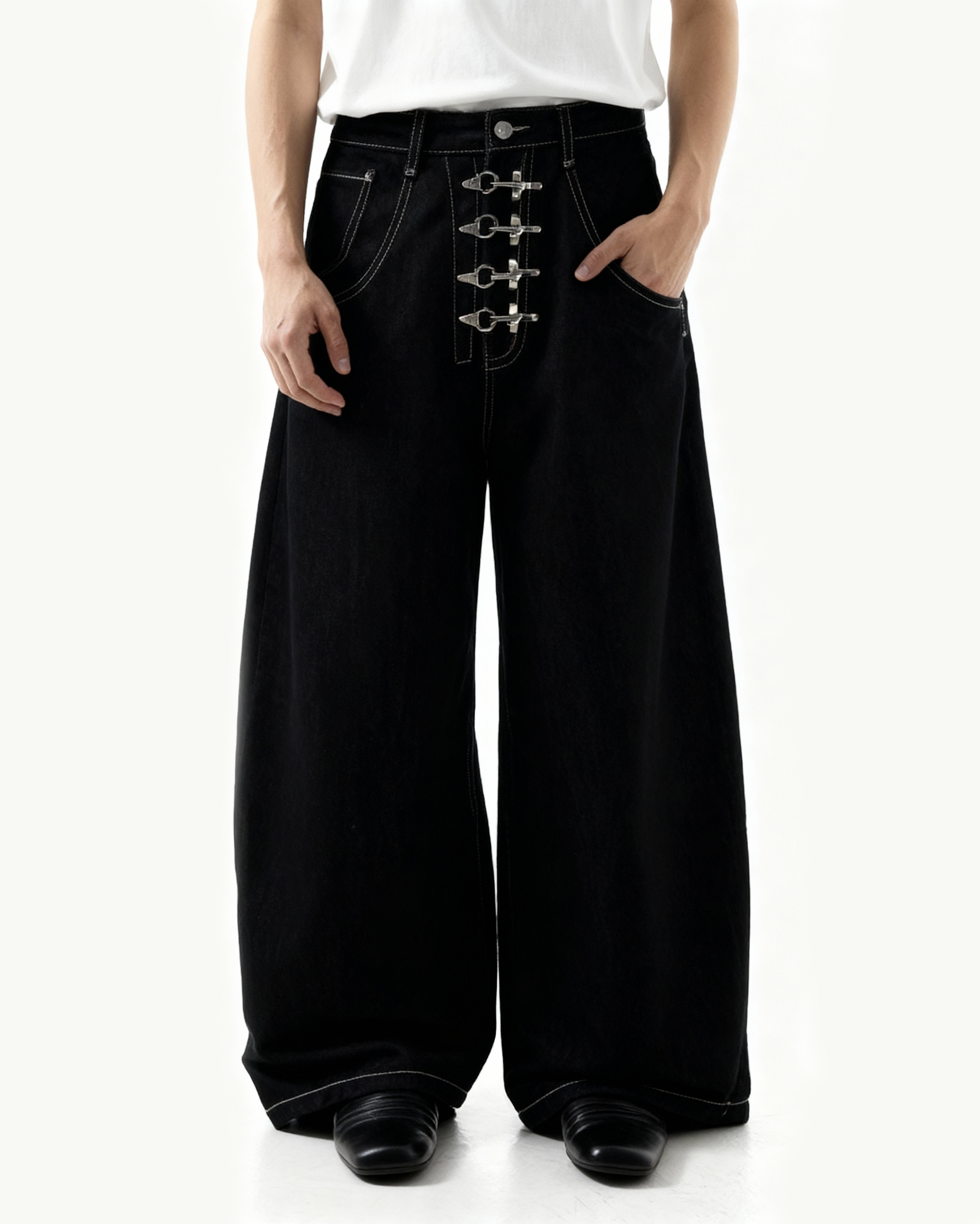 Fireman Buckle Crotch Wide Leg Jeans