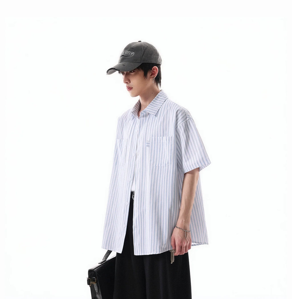 Oversized Stripe Short Sleeve Button Shirt with Chest Pockets
