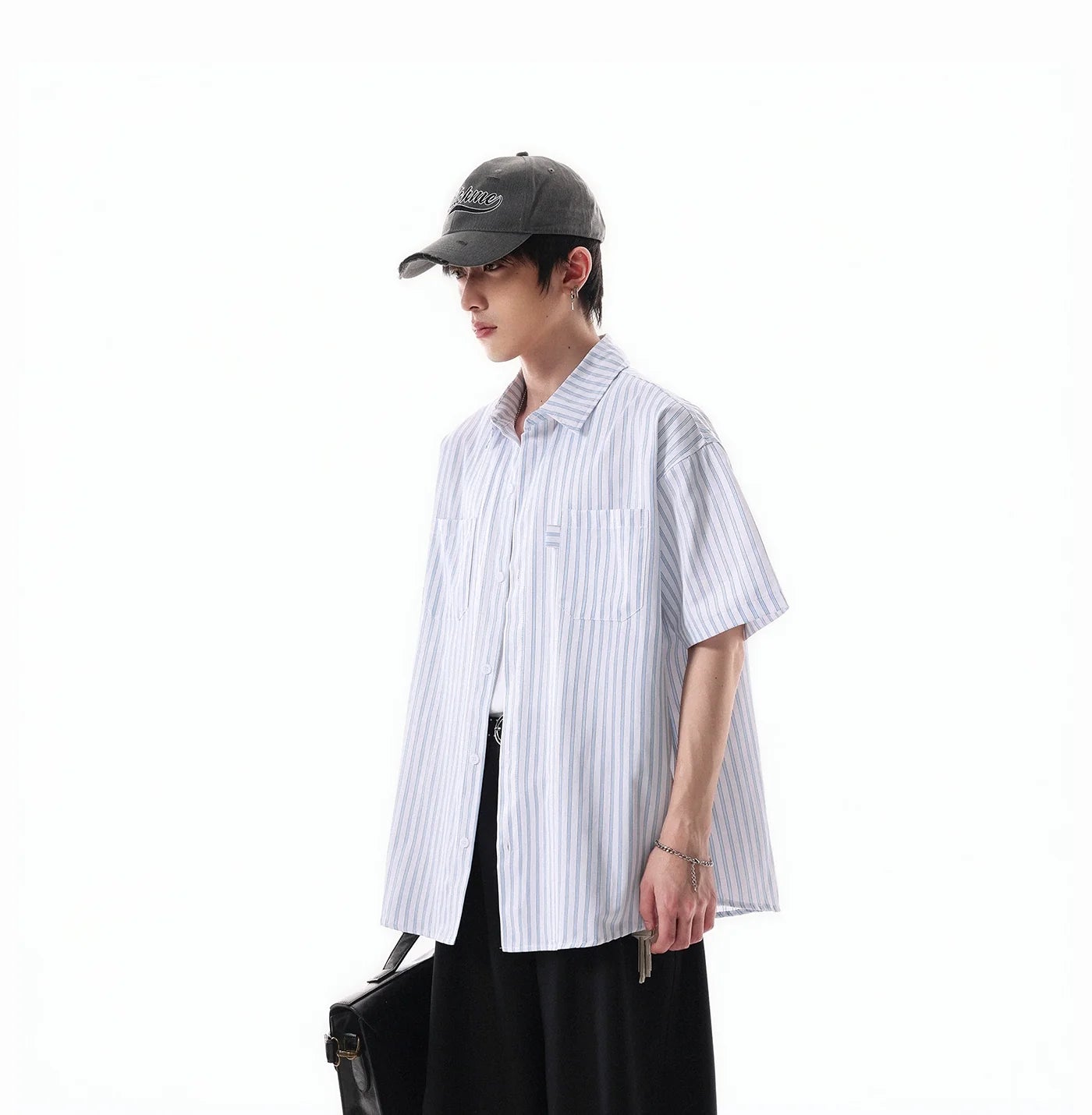 Oversized Stripe Short Sleeve Button Shirt with Chest Pockets