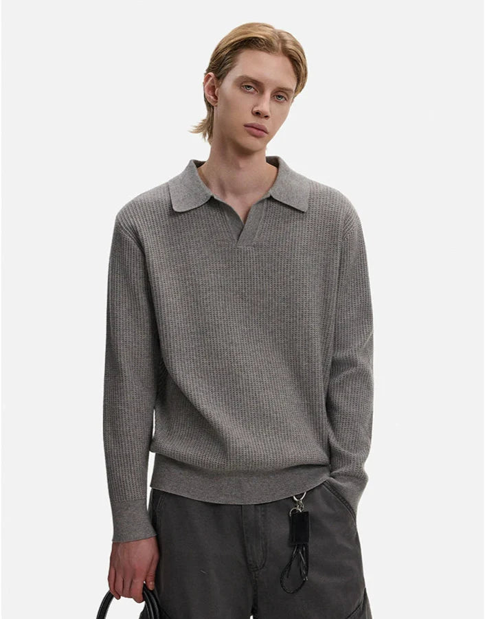 Waffle Textured Long Sleeve Polo Shirt