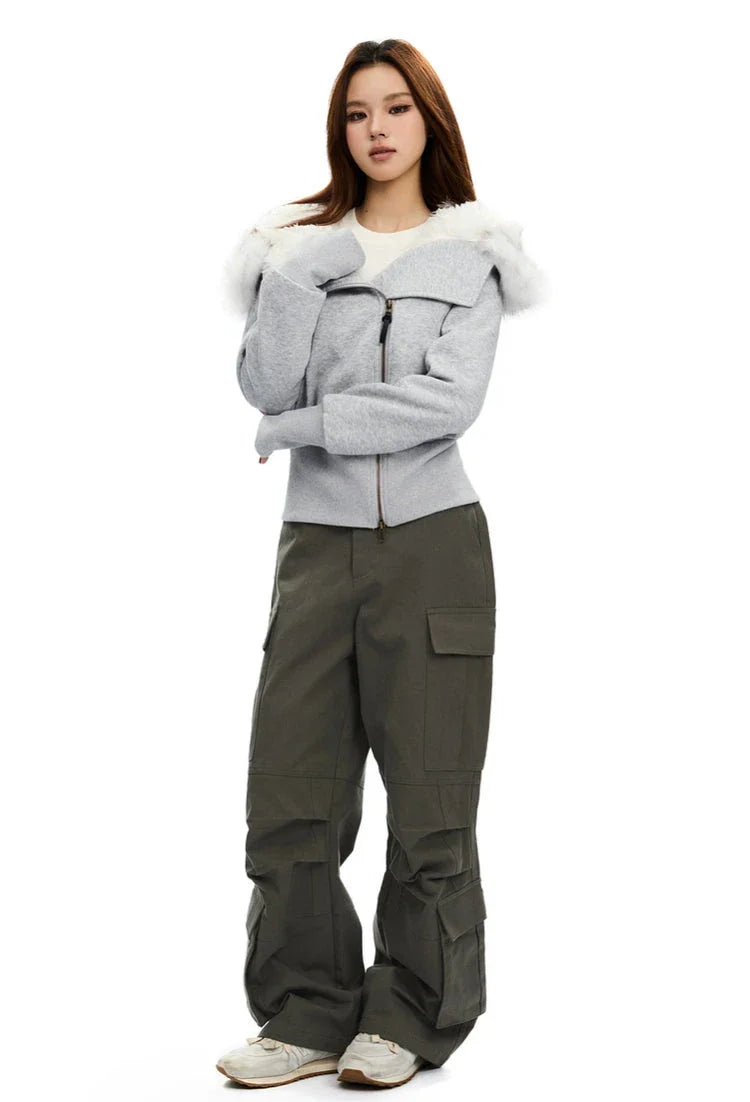 Fleece-Lined Hooded Jacket with Faux Fur Trim