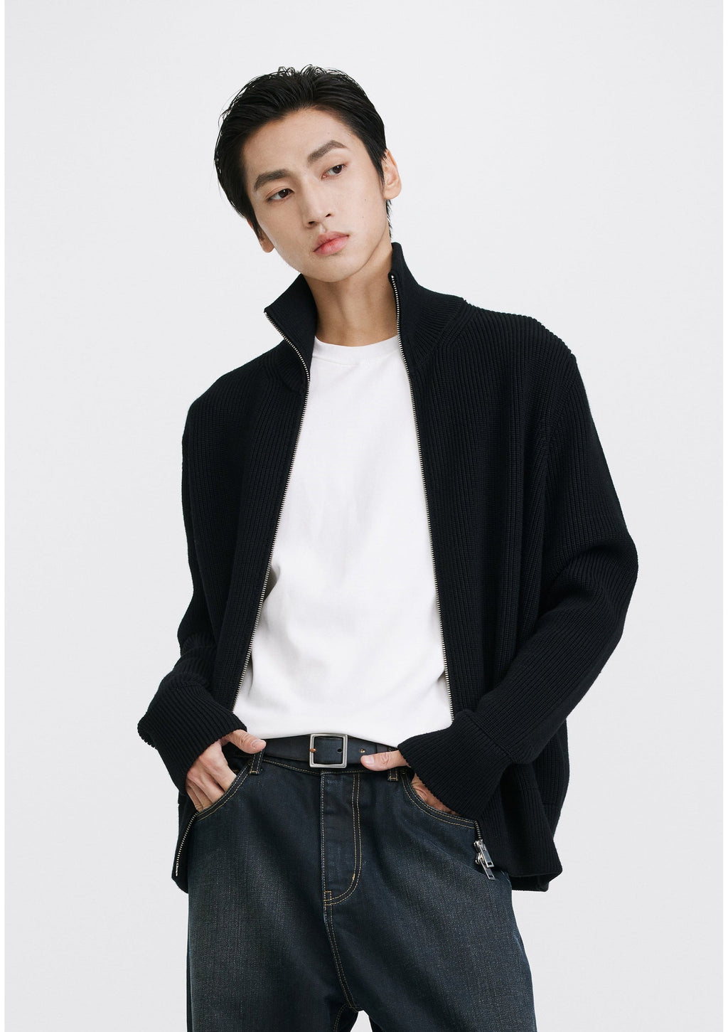 Ribbed Knit Double Zip Jacket with Stand Collar