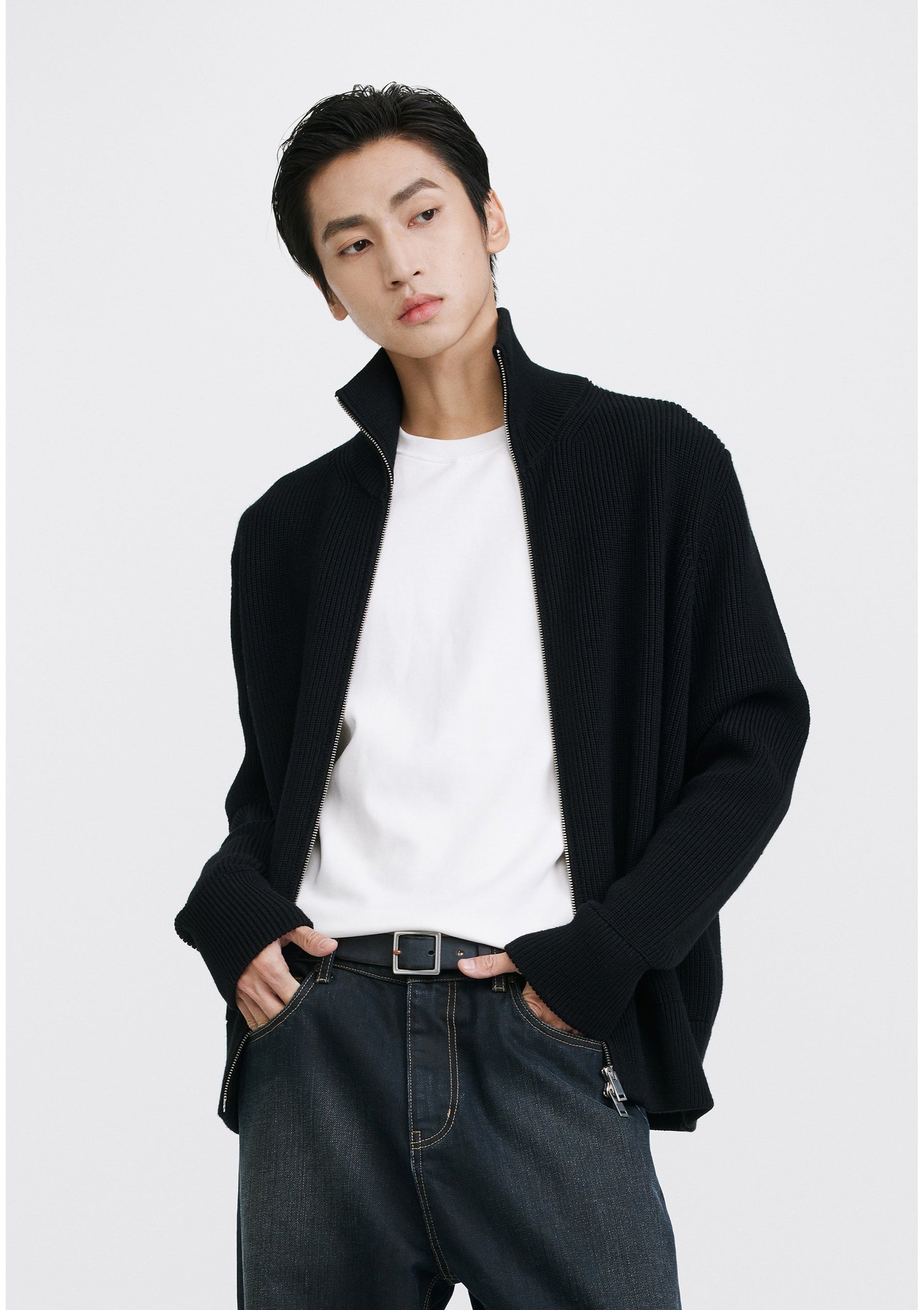 Ribbed Knit Double Zip Jacket with Stand Collar