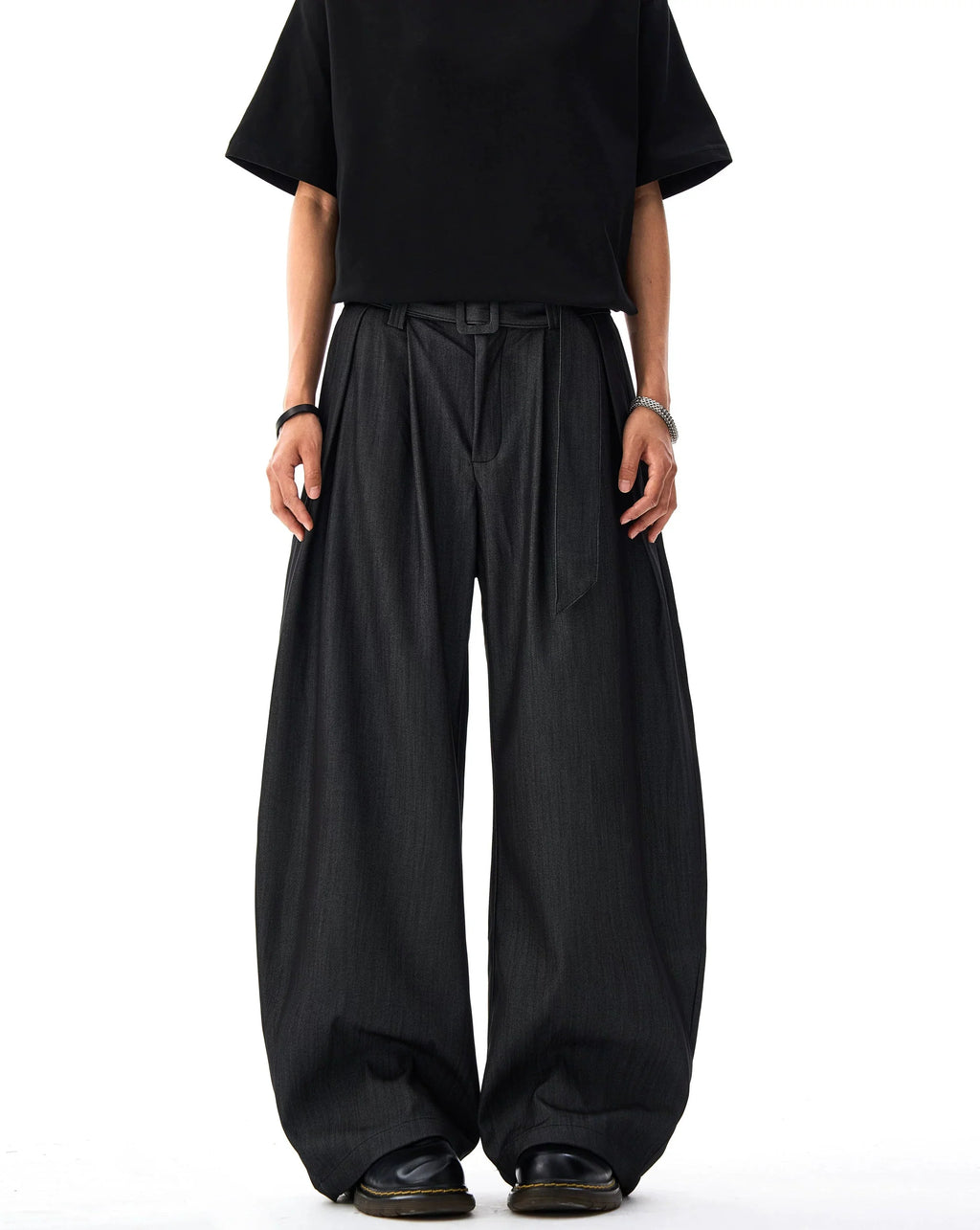 Wide Leg Pleated Belted Trousers with Subtle Sheen