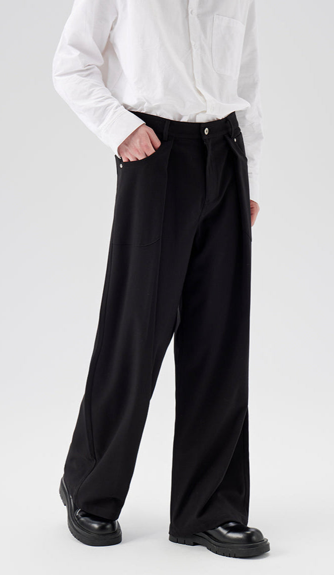 Wide Leg Pleated Trousers with Button Details