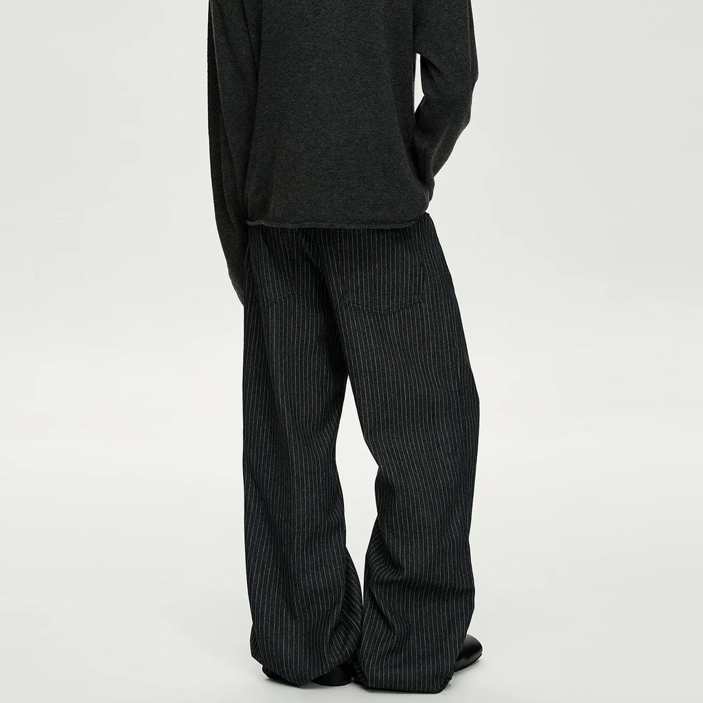Rivet-Detail Pinstripe Wide Leg Pleated Trousers