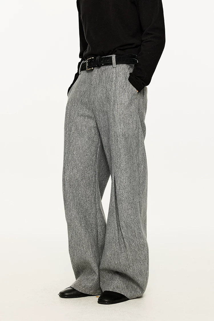 Wide Leg Half-Pleated and Half Contrast Stitch Trousers