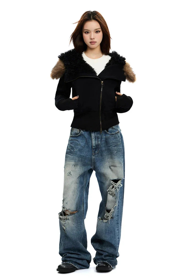 Fleece-Lined Hooded Jacket with Faux Fur Trim