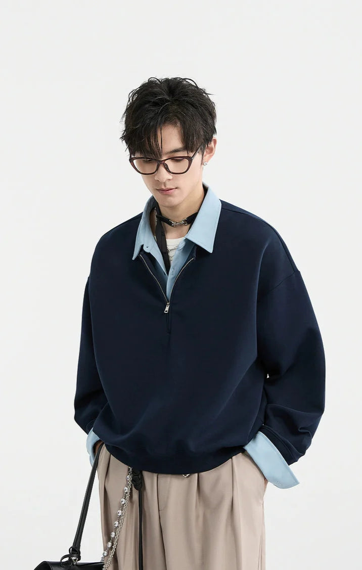 Half Zip Mock Two-Piece Layered Pullover Sweatshirt