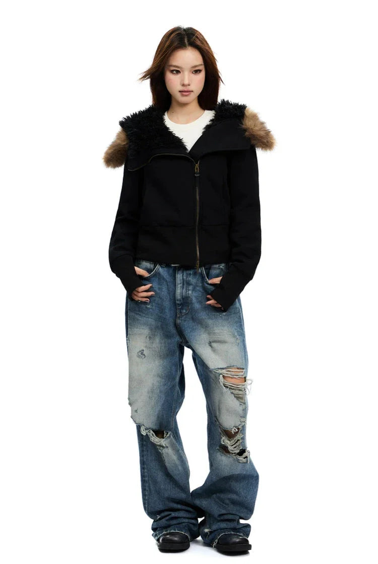 Fleece-Lined Hooded Jacket with Faux Fur Trim