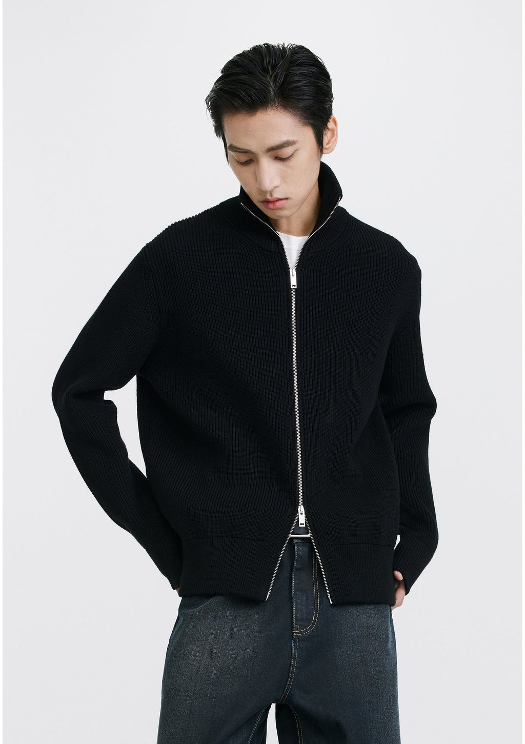 Ribbed Knit Double Zip Jacket with Stand Collar