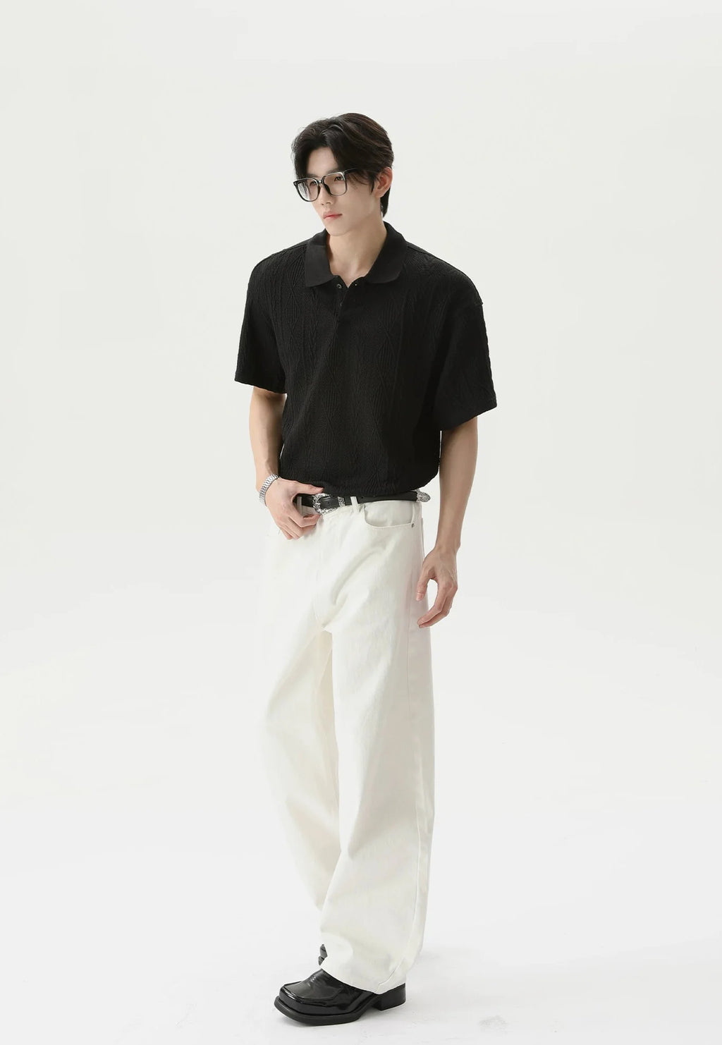 Textured Cable Knit Short Sleeve Polo Shirt