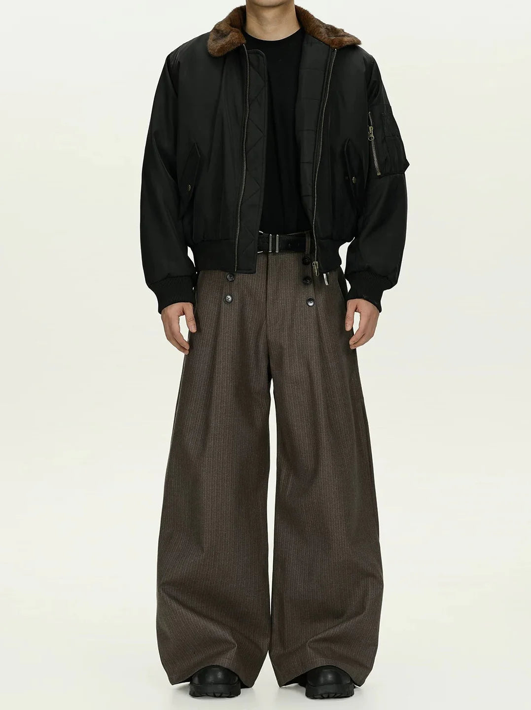 High Waist Double Button Pleated Pinstripe Pants