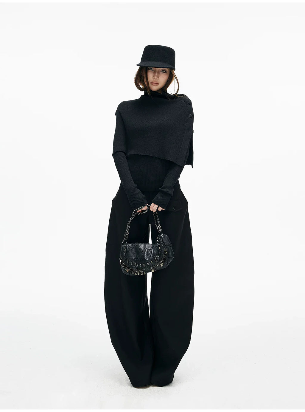 Slim Knit Long Sleeve Top with Removable Button Cape
