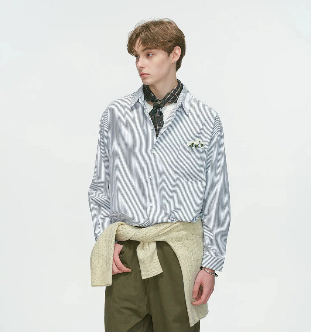 Drop Shoulder Pinstripe Long Sleeve Button-Up Shirt