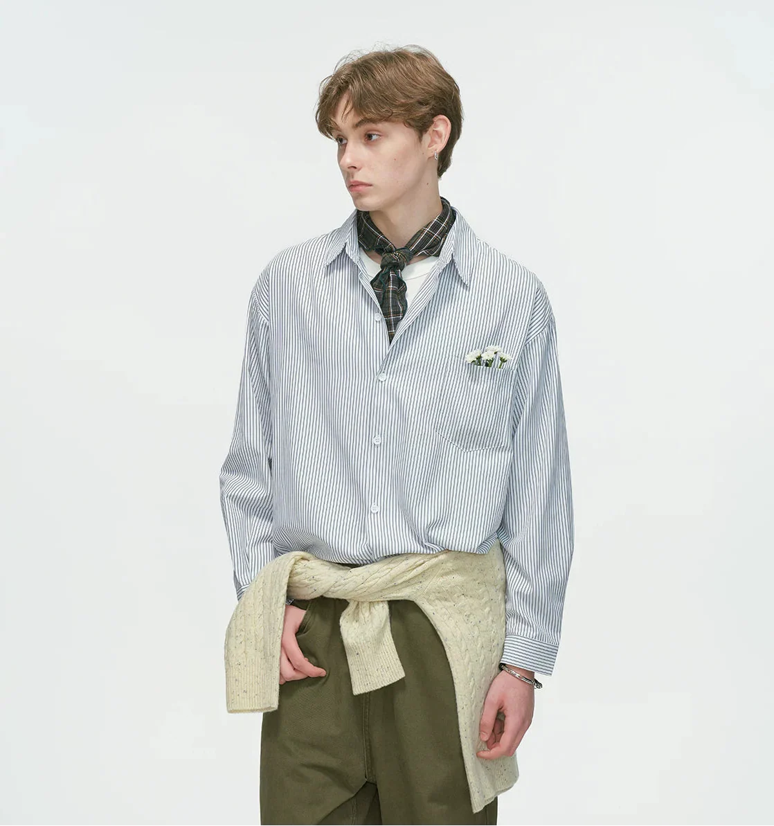 Drop Shoulder Pinstripe Long Sleeve Button-Up Shirt
