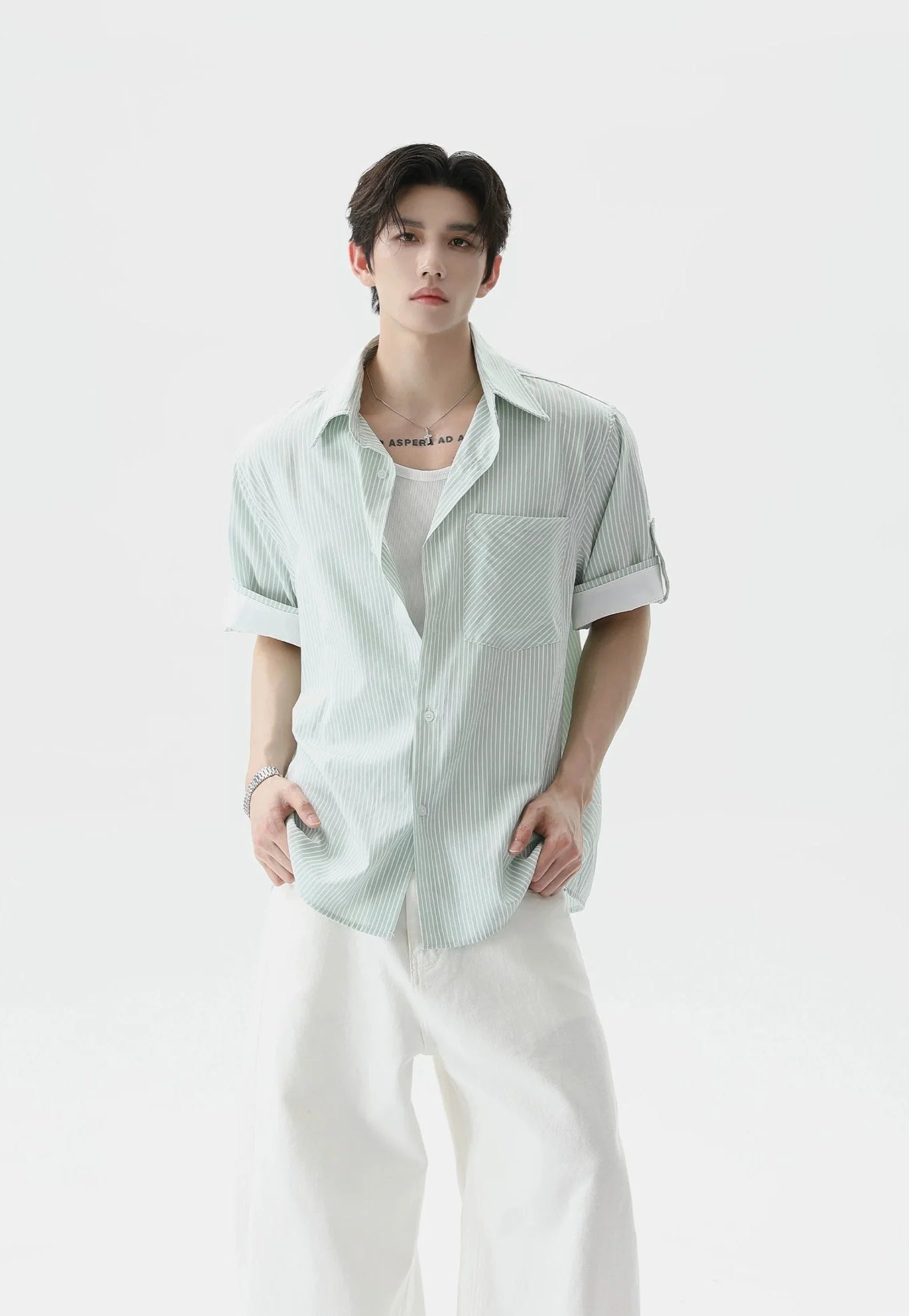 Pinstripe Contrast Short Sleeve Trim Button Shirt