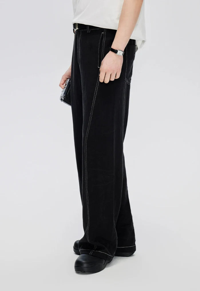 Straight Leg Linen-Blend Contrast Stitch Pants