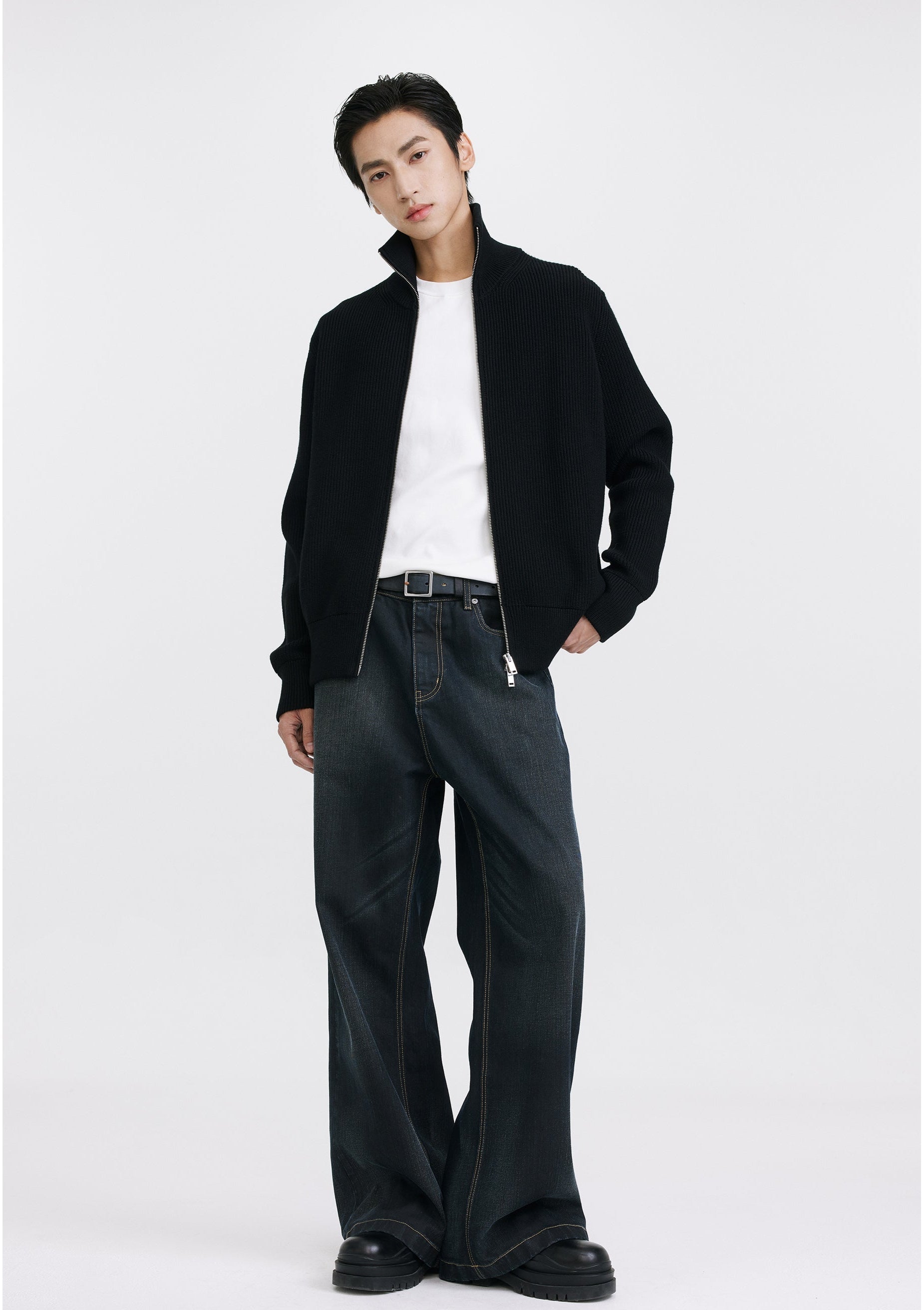 Ribbed Knit Double Zip Jacket with Stand Collar