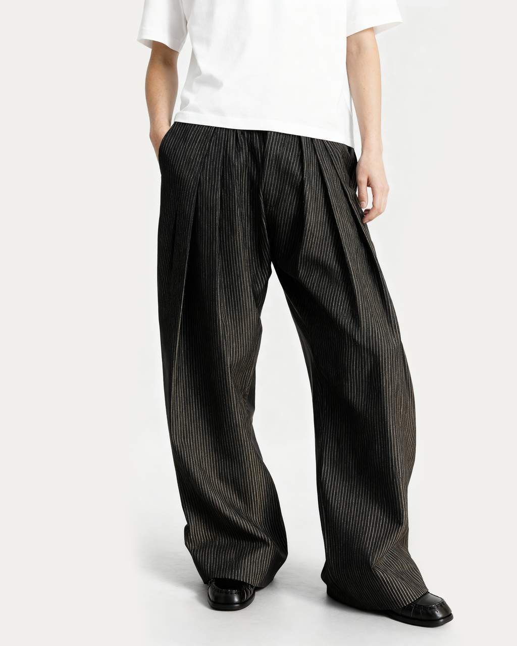 Pinstripe Wide Leg Semi-Flare Multi Pleated Pants