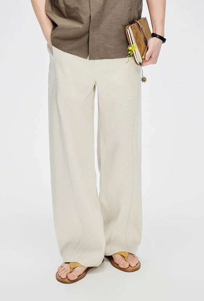 Straight Leg Linen-Blend Contrast Stitch Pants