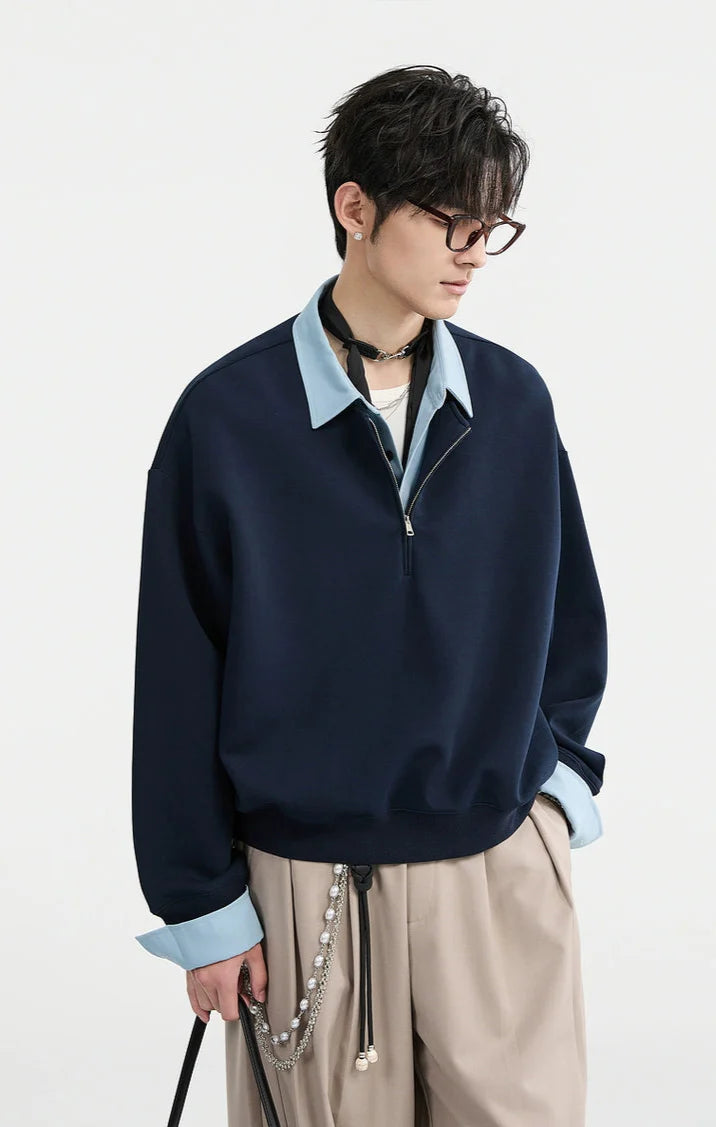 Half Zip Mock Two-Piece Layered Pullover Sweatshirt