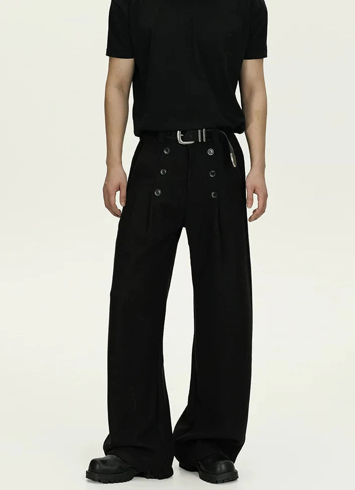 High-Waisted Pleated Wide Leg Trousers with Button Details