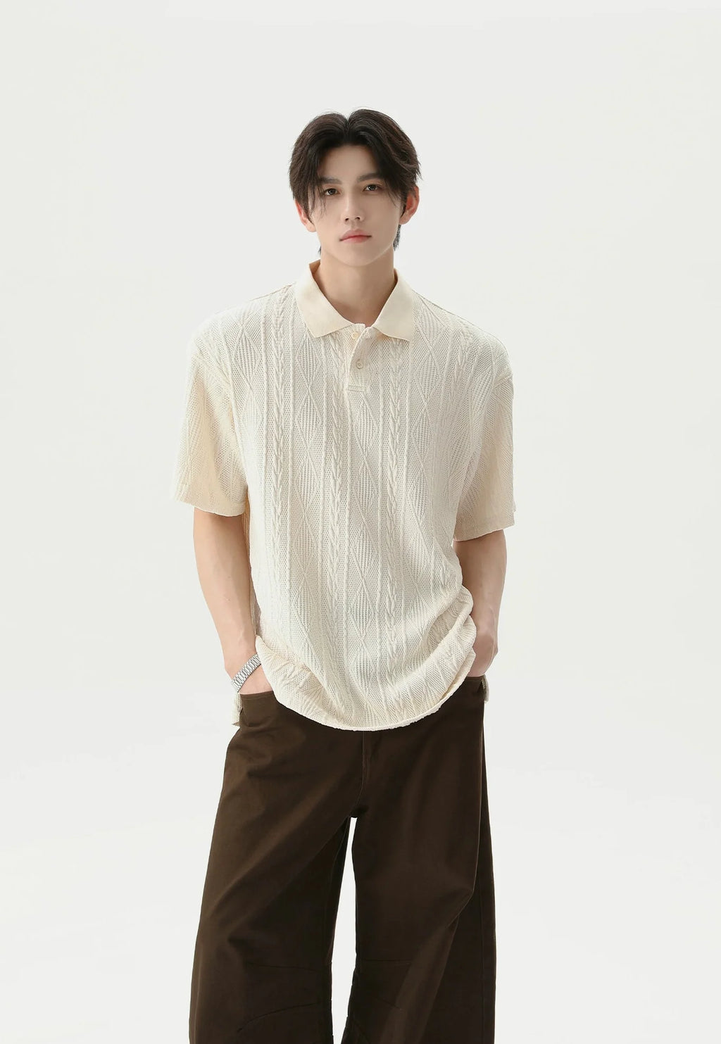 Textured Cable Knit Short Sleeve Polo Shirt