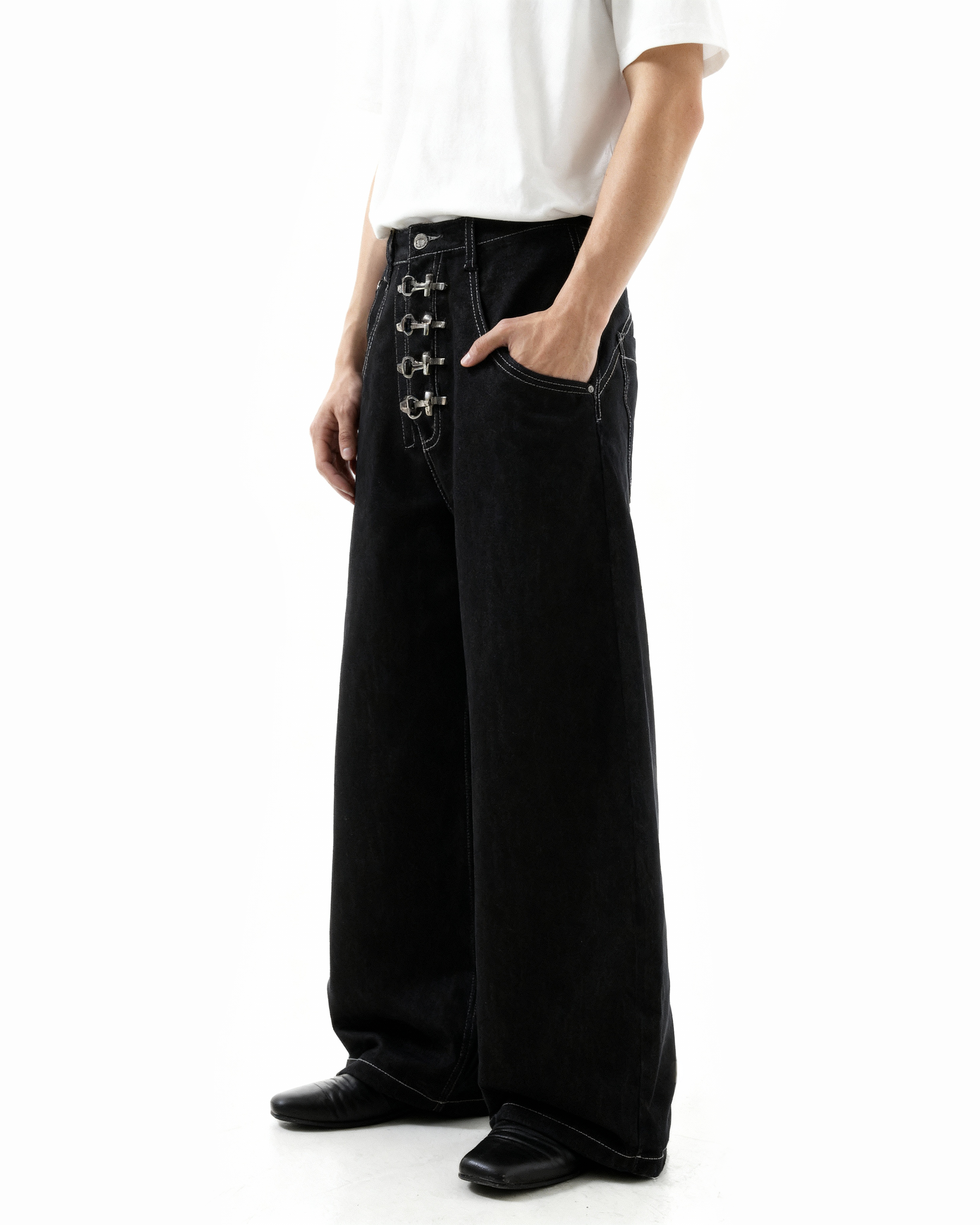 Fireman Buckle Crotch Wide Leg Jeans