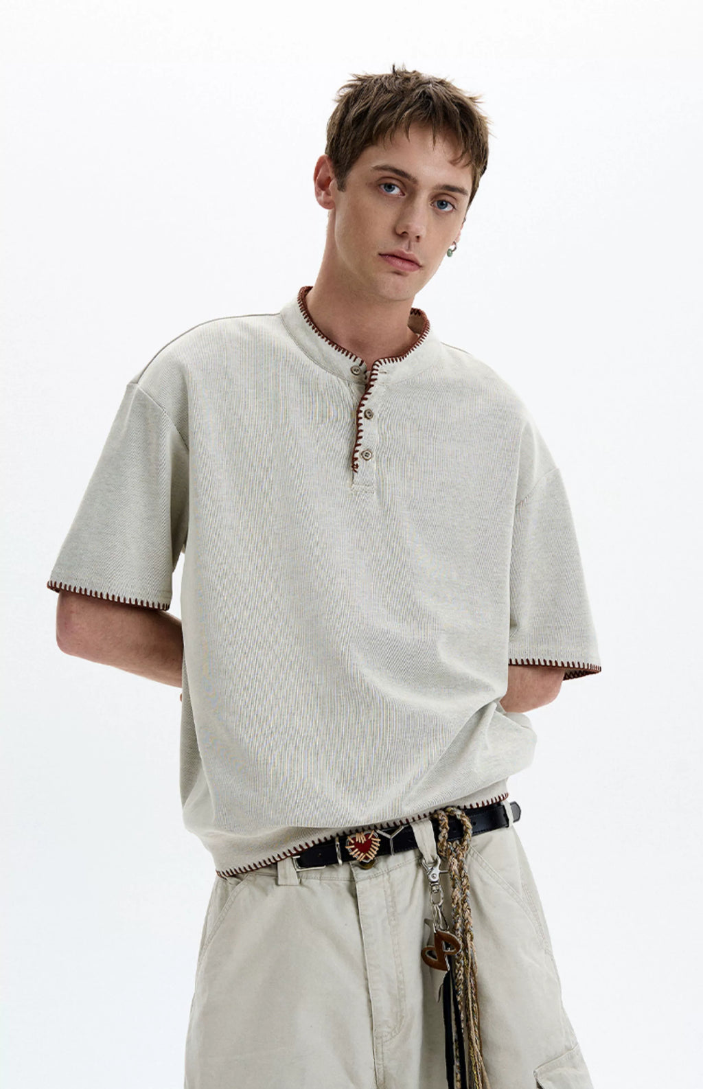 Contrast Stitch Trim Henley Neck Short Sleeve Top
