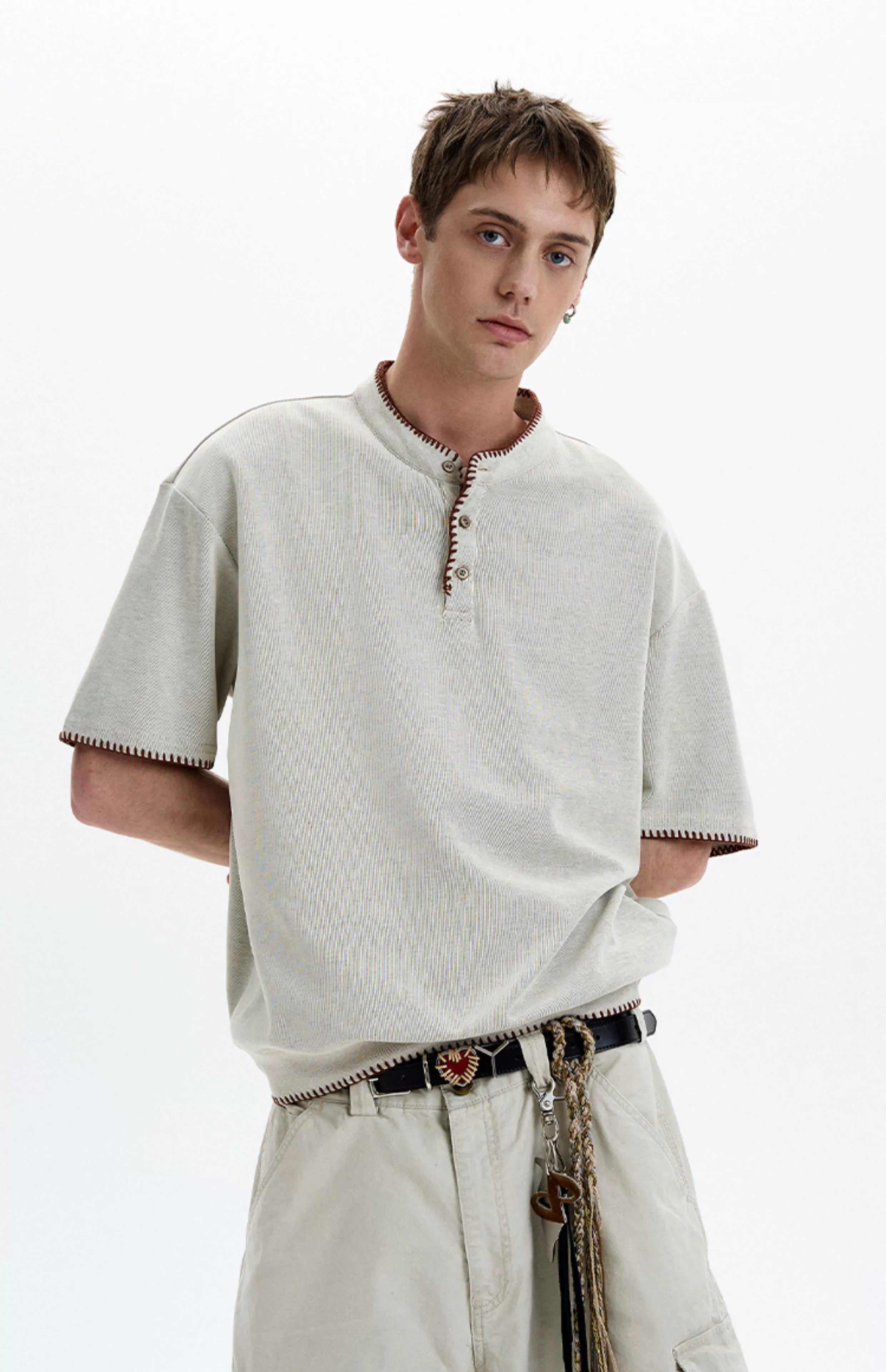 Contrast Stitch Trim Henley Neck Short Sleeve Top