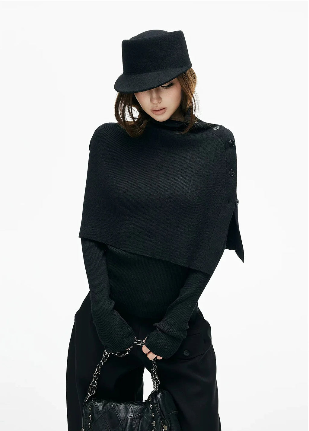Slim Knit Long Sleeve Top with Removable Button Cape