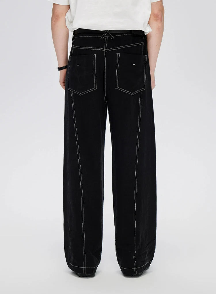 Straight Leg Linen-Blend Contrast Stitch Pants