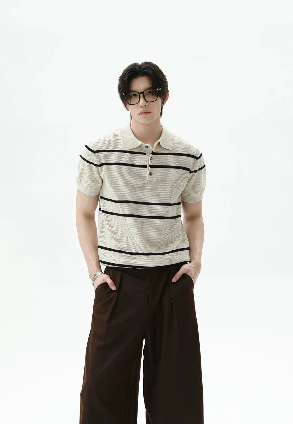 Textured Knit Polo Shirt with Horizontal Stripes