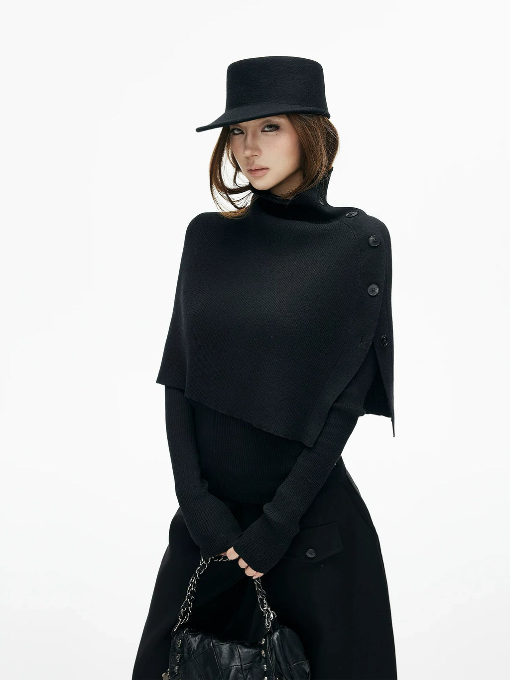 Slim Knit Long Sleeve Top with Removable Button Cape
